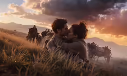 a couple is kissing in the sunset with horses in the background