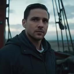 a man in jacket looking into camera with boat in background