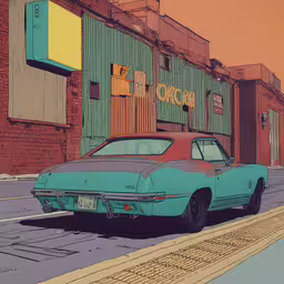 the car sits parked next to the building,a blue car is parked in front of a building