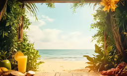 tropical scene with an empty window view and orange juice