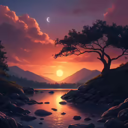 a painting of the sun setting over a mountain lake