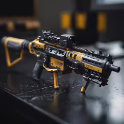 an argon style machine gun sits on a countertop