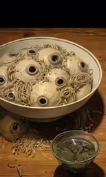 a large bowl full of noodles and various faces
