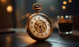 a golden pocket watch sitting on top of a wooden table