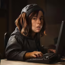 a girl sits at a desk with a keyboard, mouse and computer monitor