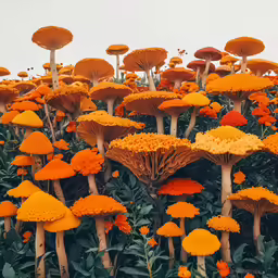 orange flowers and trees on display with white sky in the background