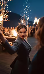 a woman in a black coat and some lights
