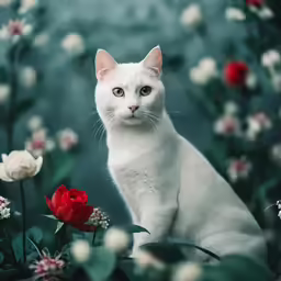 a white cat is sitting near a bunch of flowers