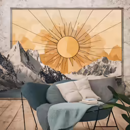 this is a painting that shows mountains on the wall