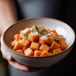 a plate of roasted cubed carrots are served