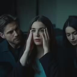 a man in a blue shirt next to two women who are covering their faces