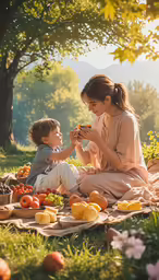 a woman is feeding a child in the park