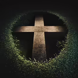 a cross in a grassy field surrounded by lights