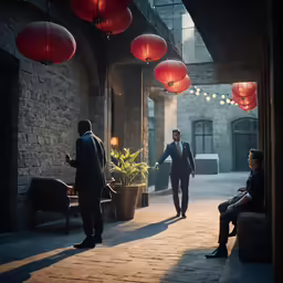 a couple of men walking through a courtyard