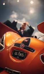 a classic car parked in front of a man taking pictures