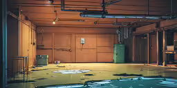an empty room with water on the floor,an old industrial area is shown with water damage on the ground