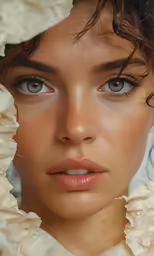 a woman wearing white flowers and looking to the camera