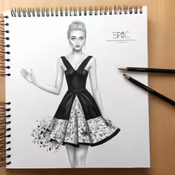 a fashion design drawing on top of a spiral notebook