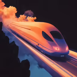 an animated white train with a lot of smoke and orange clouds in front of it
