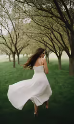 a woman in a white dress holding her long hair