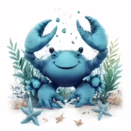 a blue crab in the sand is sitting up