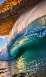 a large wave crashing over a cliff into the water,a wave with a cliff in the background