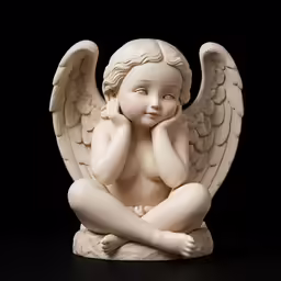 a small statue with white wings on a black background