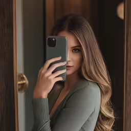 a girl is holding a black cellphone up to her face