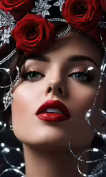 a woman wearing red lipstick with a flower crown on her head
