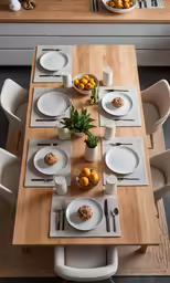 a long, rectangular dining table sits in a spacious dining room