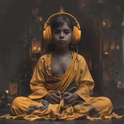 a little boy wearing headphones and sitting down
