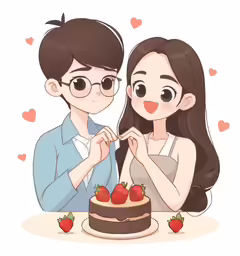 a couple stands behind a cake with strawberries on it