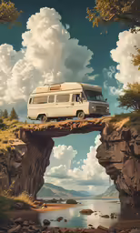 a bus that is sitting on a cliff over the water