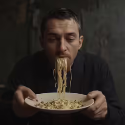 man eating noodles from white plate in dark room