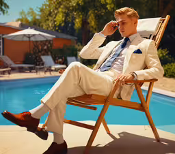 a man in a suit sitting in a chair next to a pool with a cell phone to his ear,a man sitting in a chair next to a swimming pool