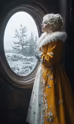 a woman standing by a large window in an ornate setting