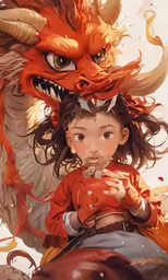 girl standing next to a dragon wearing an orange outfit