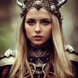 woman with horned horns wearing a costume of armor