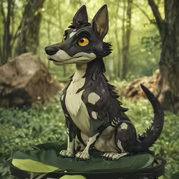 a large black and white dog sitting on top of a green lily pad