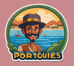 a man with a hat and mustache with the text portques on it,the sticker that says port town, in a circle