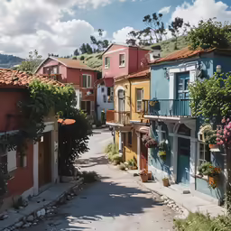 a colorful street in a small town with hills and clouds in the background