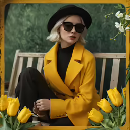 the woman is wearing a yellow coat and black hat