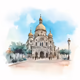 drawing of an old church and street lamps