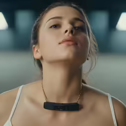 a woman with a black rectangular necklace is wearing a white bra