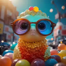 a cute toy penguin with sunglasses surrounded by candies and balloons