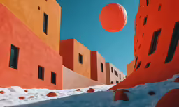 a painting of buildings with bright oranges and red are the focal point