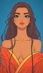 a cartoon girl with blue eyes and brown hair