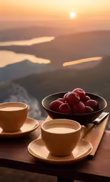a view from a balcony of a bowl and cups filled with cherries