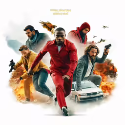two men, one of them carrying guns, running in front of a car
