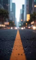 a road in the city, with some yellow lines on it